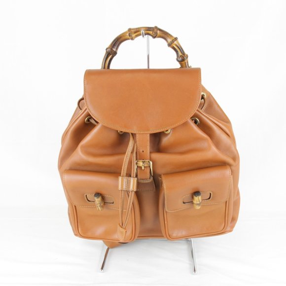 GUCCI Brown Leather Bamboo Backpack - Picture 1 of 11